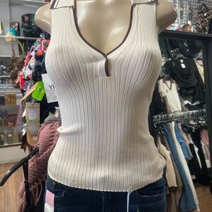 Ribbed V-Neck Sleeveless Knit Top in Cream with Brown Trim